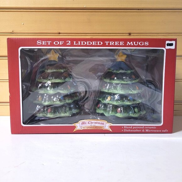 Mr Christmas Set 2 Lidded Tree Mugs 6'' Ceramic 90 Anniversary 16 oz New in Box - Picture 1 of 7